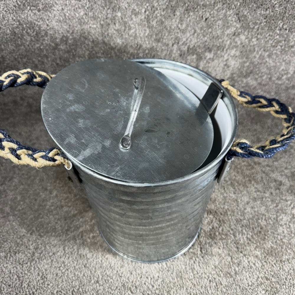 Ice Bucket Silver Galvanized Ribbed Rope Handle Nautical Farmhouse Set - Picture 10 of 14
